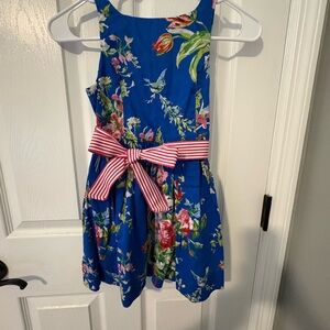 Ralph Lauren Floral Blue Kids Dress with Red Bow and White bow.